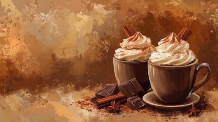 Poster - Cocoa with whipped cream cinnamon chocolate pieces and assorted spices in elegant cups on a warm earthy background