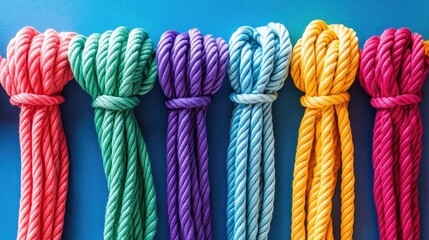 Poster - Colorful ropes neatly arranged on a vibrant blue canvas showcasing variety and texture ideal for creative design projects