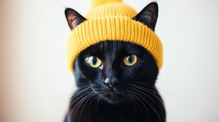 Poster - Black cat wearing a yellow hat with bright yellow eyes on a light background suitable for creative use and text overlay