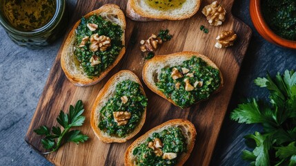 Poster - Crostini with Walnut Chimichurri on Wooden Board with Fresh Herbs and Olive Oil