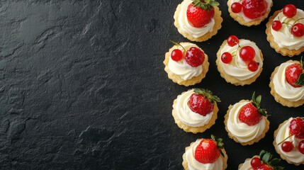 Aufkleber - Mini berry cakes topped with strawberries and currants on a black stone background ideal for dessert advertising and promotional text placement