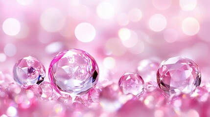Poster - Sparkling glass crystal balls surrounded by shimmering gems on a dreamy pink background creating a magical and enchanting atmosphere