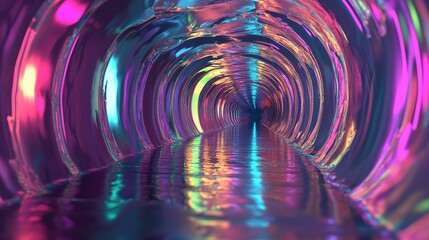 Poster - Vibrant Reflective Tunnel with Colorful Lighting Features for Artistic Interior Design and Modern Aesthetic Home Decor