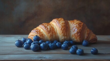 Poster - Freshly baked croissant with plump blueberries on a rustic wooden surface creating a delightful breakfast composition.