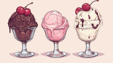 Poster - Delicious assorted ice cream scoops featuring chocolate, strawberry, and vanilla with cherries in elegant glass dishes