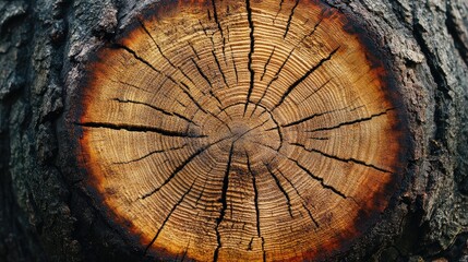 Poster - Tree trunk cross-section with detailed growth rings and texture showcasing nature's beauty and history in macro photography.