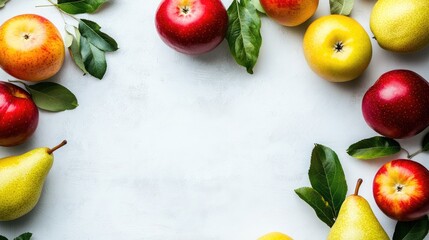 Poster - Freshly picked summer apples and pears arranged in a decorative circle on a white background for a vibrant seasonal display