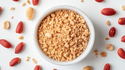 Poster - Crushed peanuts with masba coating surrounded by red peanuts in a white bowl on a clean white background