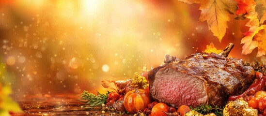 Poster - Roast beef dish with vibrant autumn vegetables and seasonal colors featuring empty space for text overlay in warm lightingèƒŒæ™¯.