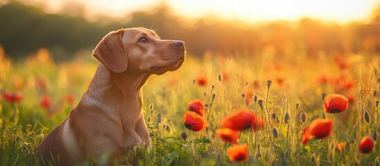 Poster - Golden Sunset with Brown Dog in Poppy Field Surrounded by Green Grass Ideal for Nature-Themed Banners and Text Space