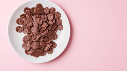 Poster - Crunchy chocolate corn flakes in white plate on light pink backdrop with ample copy space ideal for minimal kitchen photography concept