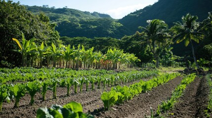 Aufkleber - Lush agricultural fields with vibrant crops and tropical vegetation on a serene island landscape under clear blue skies