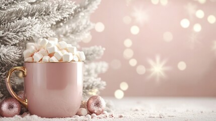 Aufkleber - Cocoa with marshmallows in a pink mug surrounded by Christmas decorations and soft bokeh lights for holiday themed backgrounds