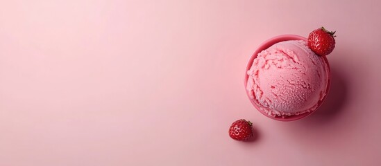 Poster - Strawberry ice cream scoop with fresh berries on a pastel pink background perfect for healthy food concepts and advertising creativity