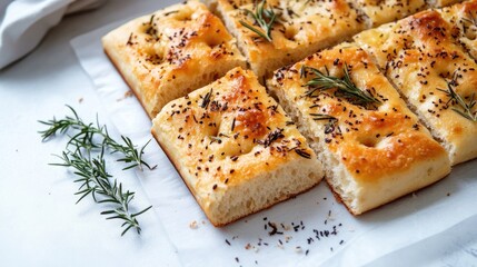 Poster - Freshly baked homemade focaccia bread cross section flatlay with toppings including rosemary on a white background