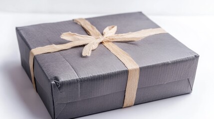 Poster - Gray Cardboard Box Wrapped with Ribbon for Delivery on White Background Perspective View