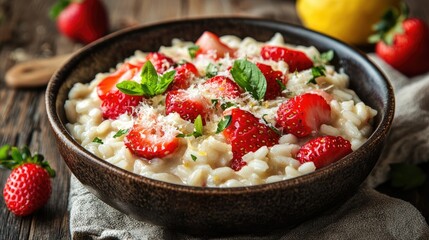 Poster - Strawberry and lemon risotto garnished with fresh mint and cheese in rustic bowl on wooden table
