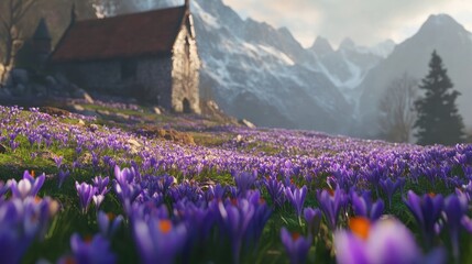 Poster - Crocus flowers blooming in a vibrant field near a rustic village backdrop with majestic mountains in the distance