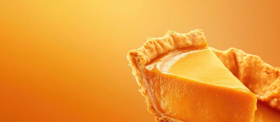 Poster - Delicious golden crust pumpkin pie slice with pumpkin spice against a warm orange background perfect for text insertion