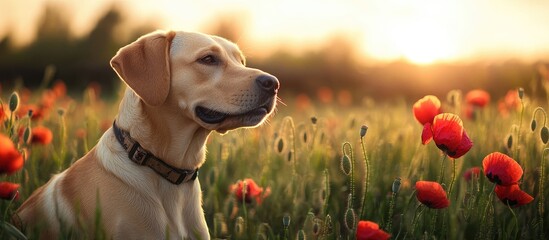 Aufkleber - Golden Sunset with Dog in a Field of Poppies and Grass Ideal for Text Overlay in a Serene Nature Scene