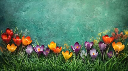 Poster - Vibrant crocus flowers blooming in lush green grass creating a colorful spring landscape background.