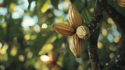 Poster - Cocoa fruit growing on cocoa tree branches surrounded by lush green foliage in a natural field setting.