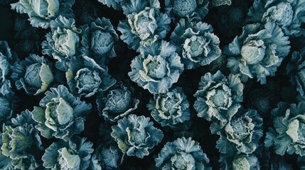 Poster - Aerial View of Organic Frost-Covered Winter Cabbages Growing in a Farm Field