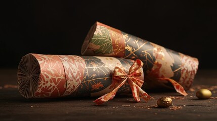 Aufkleber - Festive holiday crackers beautifully wrapped in decorative paper with intricate designs and ribbons on a rustic wooden background.