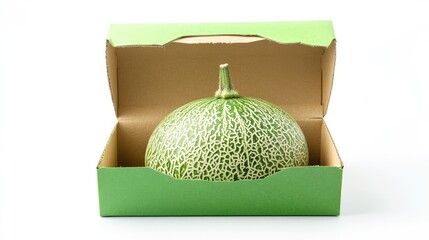 Wall Mural - Crown Melon Displayed in Eco-Friendly Green Carton Box Isolated on Clean White Background