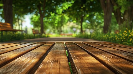 Poster - Closeup of a wooden bench in a tranquil park surrounded by lush greenery and dappled sunlight on a serene pathway