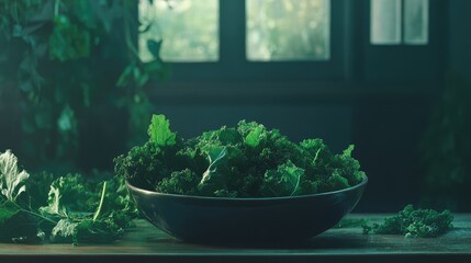 Poster - Fresh organic kale in a rustic bowl on a wooden table with lush greenery in the background perfect for healthy eating concepts and recipes.