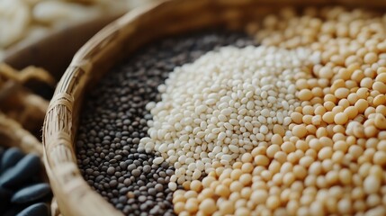 Poster - Closeup of white sesame seeds and assorted legumes in a woven basket on a rustic wooden table