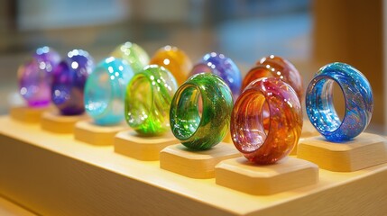Poster - Vibrant glass rings arranged elegantly on a wooden display showcasing artistry and craftsmanship in jewelry design.