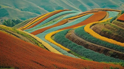 Poster - Vibrant terraced fields showcasing colorful crop patterns on rolling hills under a clear blue sky