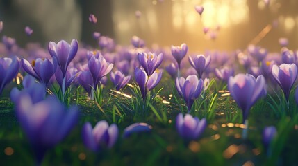 Fototapete - Vibrant crocus flowers blooming in lush green grass under a soft golden light in a serene forest setting during springtime.