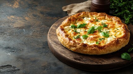 Poster - Rustic Ricotta Curd Pie Crostata with Fresh Basil on Wooden Board with Copy Space for Culinary and Food Related Advertisements