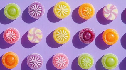 Aufkleber - Colorful assorted round candies arranged on a vibrant purple background creating a cheerful and appetizing visual display.