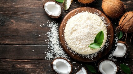 Poster - Coconut cake with fresh coconut on wooden background perfect for culinary displays or dessert recipes