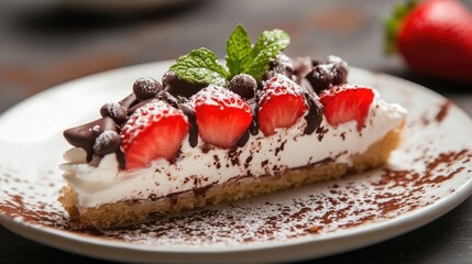 Aufkleber - Strawberry dessert slice with chocolate cream mint garnish on a plate delicious sweet treat for gourmet inspirations