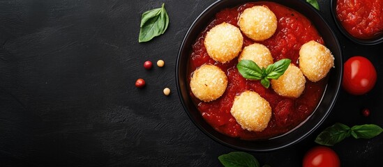 Wall Mural - Delicious suppli served in tomato sauce with fresh basil on a dark background suitable for restaurant menus and food advertisements