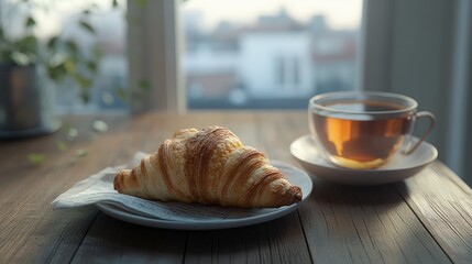 Poster - Croissant and tea on a wooden table with a cozy morning atmosphere and soft natural light in the background