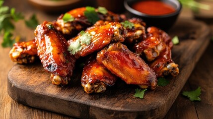 Aufkleber - Savory chicken wings garnished with herbs served on a rustic wooden platter with dipping sauce on a wooden table