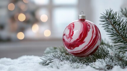 Poster - Bright red marbled Christmas bauble on snowy pine branch with warm morning light and festive bokeh background for winter holiday themes