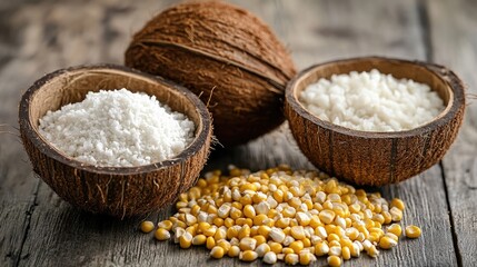 Aufkleber - Coconut and maize kernels with grated coconut in wooden bowls on rustic wooden background showcasing natural food textures and concepts.