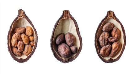 Aufkleber - Dried cocoa fruit halves filled with cocoa beans isolated on white background showcasing natural textures and colors of cacao.