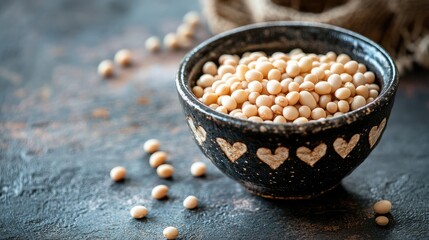 Poster - Closeup of white beans in decorative bowl with rustic background showcasing healthy natural food concept for cooking and nutrition.