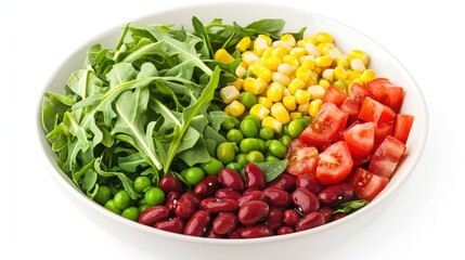 Aufkleber - Vibrant salad bowl featuring arugula spinach kidney beans corn peas and tomatoes drizzled with olive oil on a clean white background