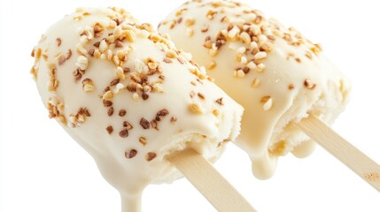 Poster - Creamy vanilla ice cream bars coated with nuts on wooden sticks isolated on bright white background for dessert advertisements