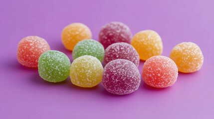 Aufkleber - Colorful round candies scattered on a vibrant purple background showcasing a variety of flavors and textures for a sweet treat concept.