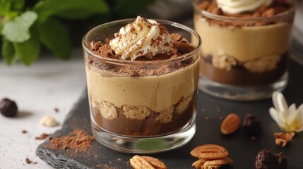 Wall Mural - Vegan chocolate pudding dessert with whipped topping and nuts on a slate background garnished with greenery and flowers